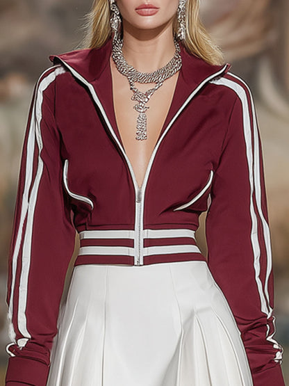 Stand-up Collar Zip-up Color-blocked Sweatshirt And Skirt Set