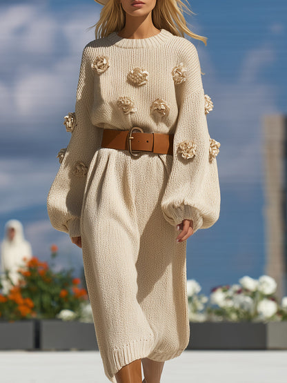 Casual And Stylish 3D Floral Embellishments Beige Loose-fitting Knit Midi Dress