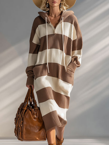 Stylish And Casual Brown And White Striped Hooded Knit Midi Dress