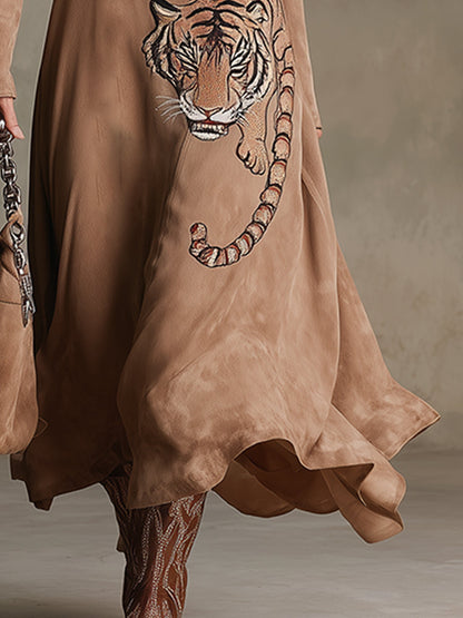 Vintage-style Wild Tiger Embroidered Khaki Lapel Faux Suede Maxi Dress