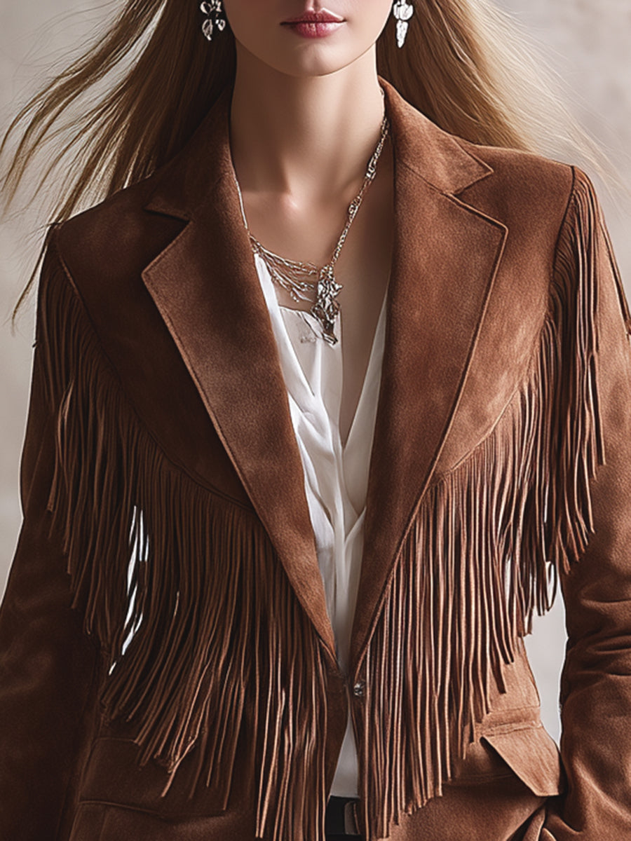 Vintage Western Brown Faux Suede Fringe Blazer