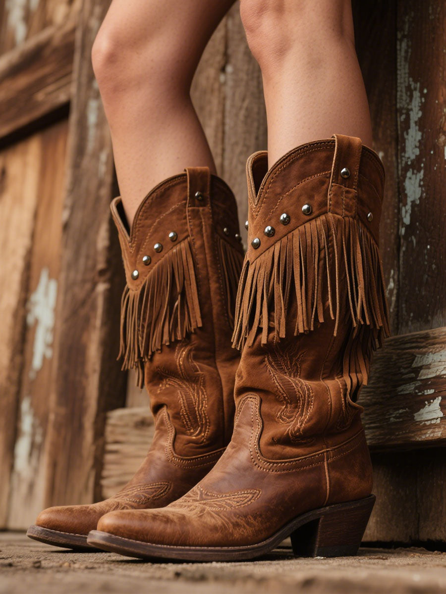Women's Western Embroidered Tassel Faux Suede Cowboy Boots