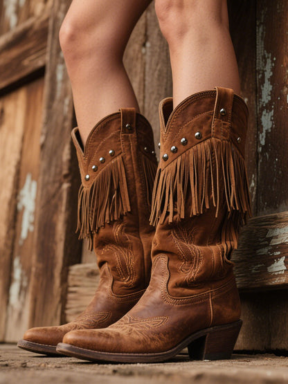 Women's Western Embroidered Tassel Faux Suede Cowboy Boots