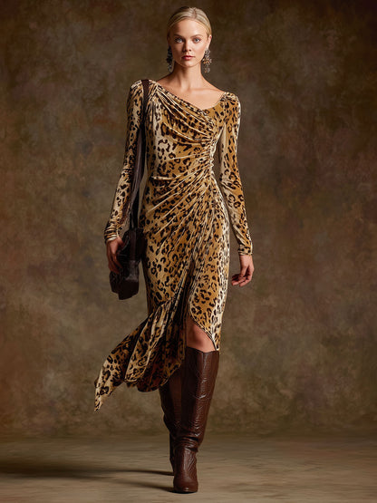 Trendy Retro Leopard Print Camel Velvet Long-sleeved Pleated Midi Dress