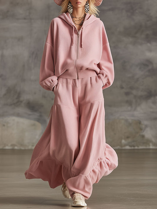 Stylish And Elegant Loose-fitting Pink Corduroy Hooded Top And Pants Set