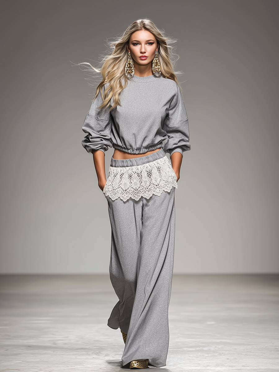 Sporty Retro Sweatshirt And Lace-trimmed Wide-leg Pants Set