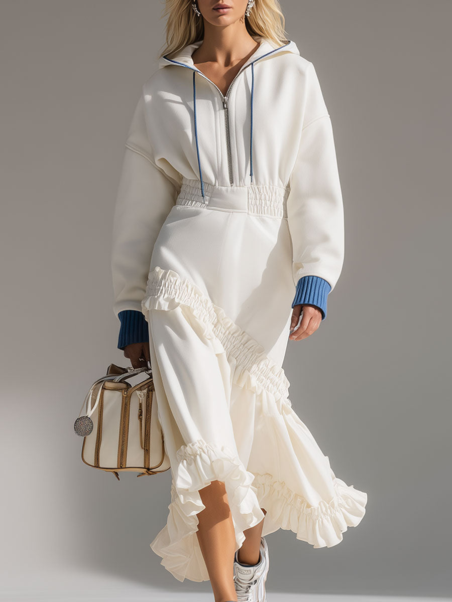 Casual Loose-fitting White Hooded Ruffled Cotton Midi Dress