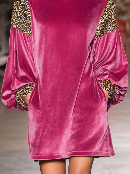Stylish And Casual High-neck Pink Patchwork Leopard Print Velvet Mini Dress