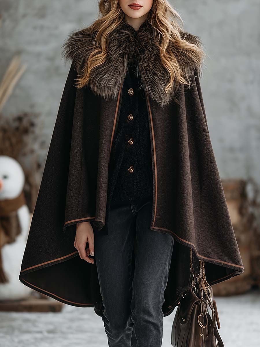 Vintage Warm Faux Fur Collar Dark Brown Woolen Cloak Coat