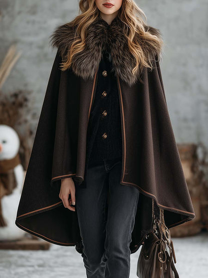Vintage Warm Faux Fur Collar Dark Brown Woolen Cloak Coat