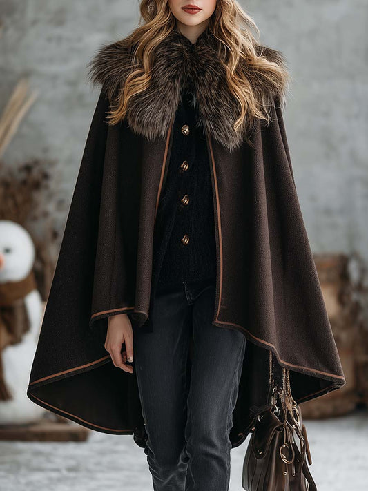 Vintage Warm Faux Fur Collar Dark Brown Woolen Cloak Coat