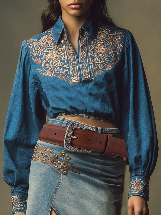Casual Retro Collared Embroidered Blue Denim Shirt