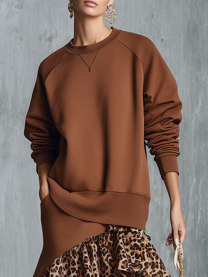 Temperament Sporty Crew Neck Leopard Print High And Low Ruffled Hem Hoodie-style Cotton Maxi Dress