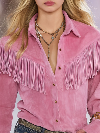 Casual Retro Collared Pink Faux Suede Tassel Shirt