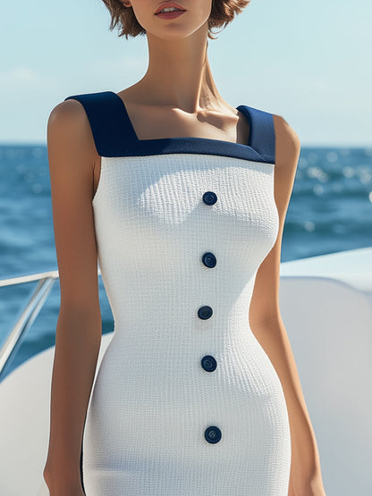 Summer Vacation Navy Blue Square Collar Button White Knitted Midi Dress