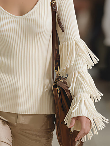 Trendy Western-style V-neck Fringed Sleeve Off-white Sweater