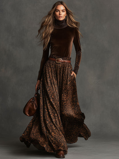 Vintage Turtleneck Velvet Top And Leopard Print Skirt Set