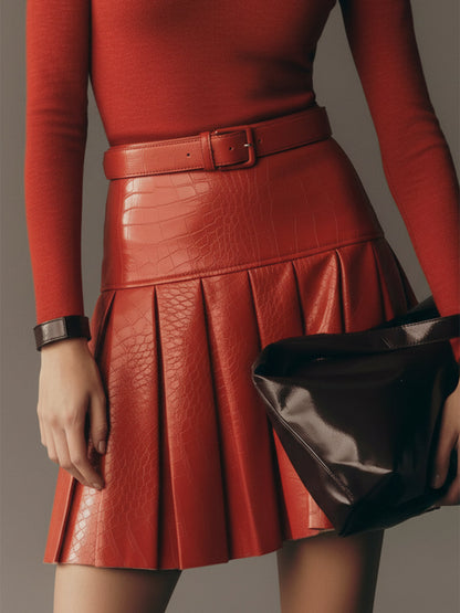 Trendy Openwork Neckline Pleated Faux Leather Skirt Red Mini Dress