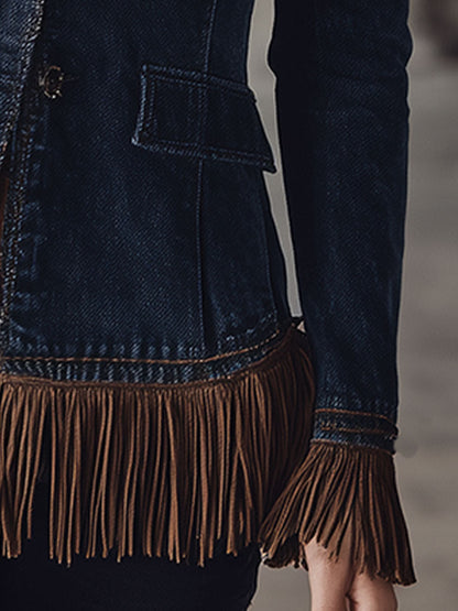 Western Retro Brown Faux Suede Tassel Blue Denim Jacket