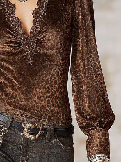 Brown Leopard Print Velvet Patchwork Lace Bell Sleeve Shirt