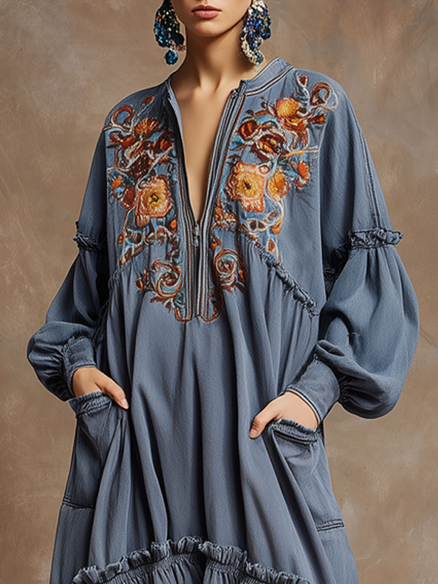 Vintage Half-zip Floral Embroidered Blue Denim Long-sleeved Ruffle Midi Dress