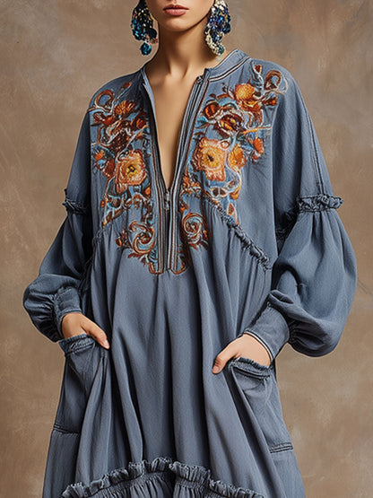Vintage Half-zip Floral Embroidered Blue Denim Long-sleeved Ruffle Midi Dress