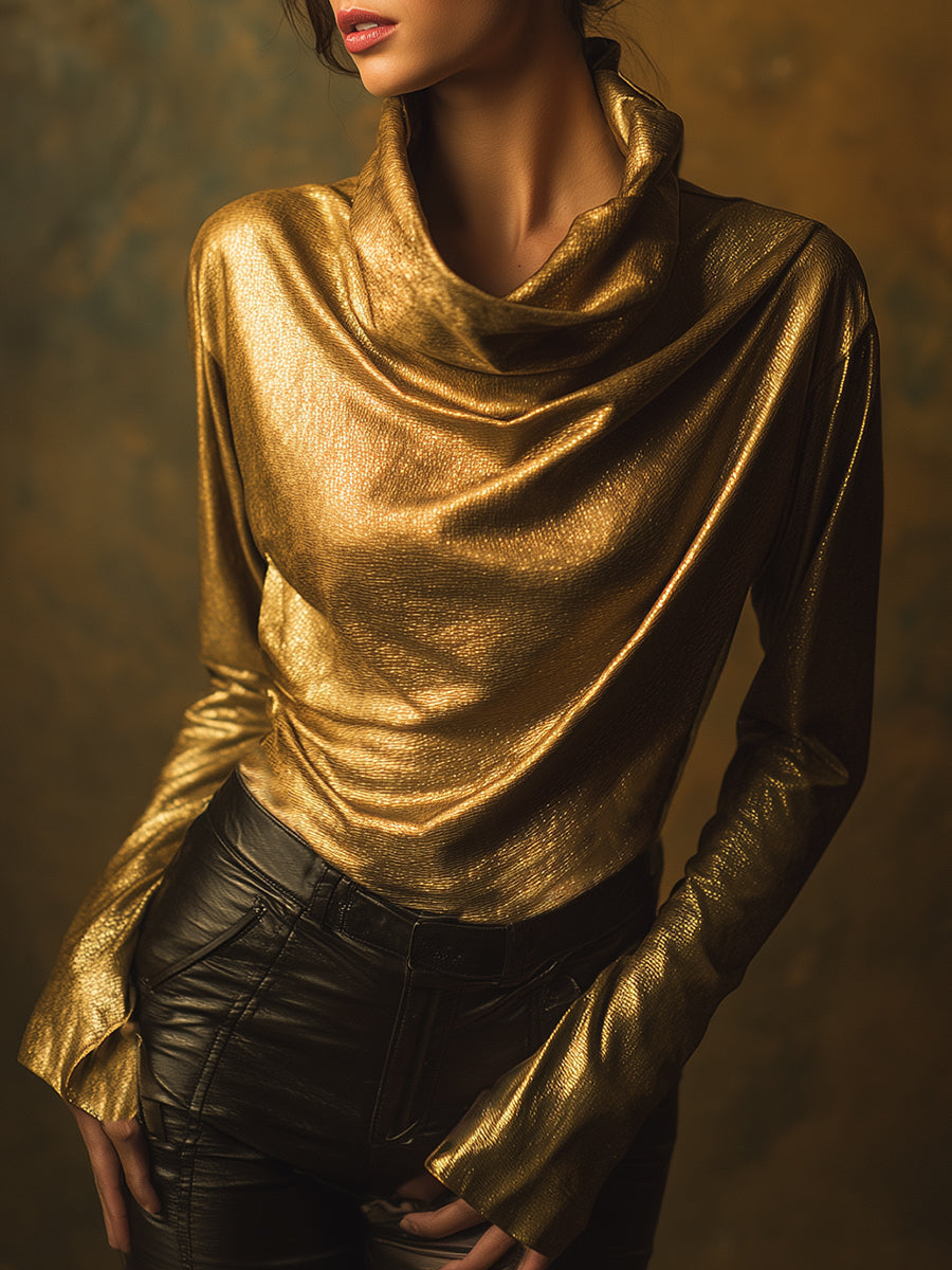 Stylish And Casual Gold Turtleneck Metallic Blouse