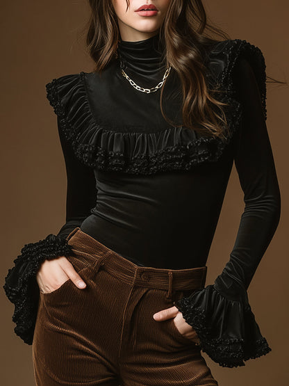 Casual And Stylish High-neck Ruffled Black Velvet Top