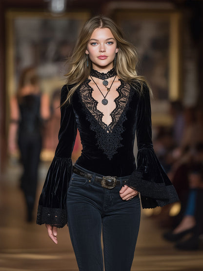 Western Black Velvet Patchwork Lace V-Neck Flared Sleeve Shirt