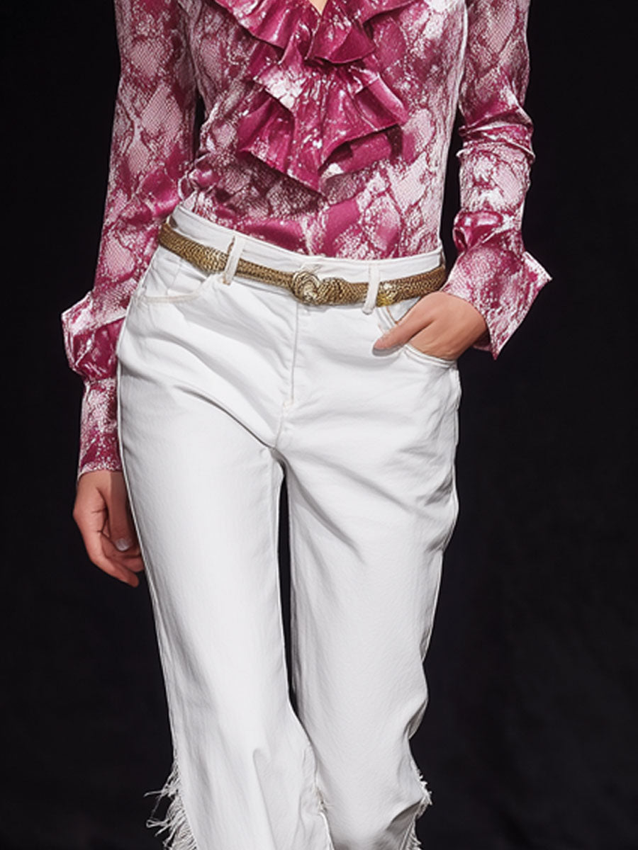 Stylish Retro Frayed White Flared Jeans