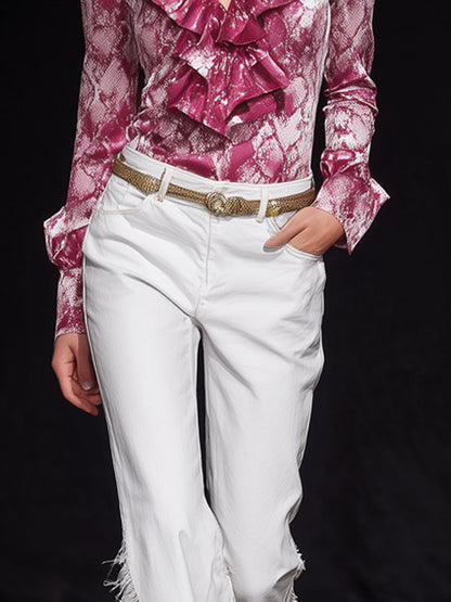 Stylish Retro Frayed White Flared Jeans