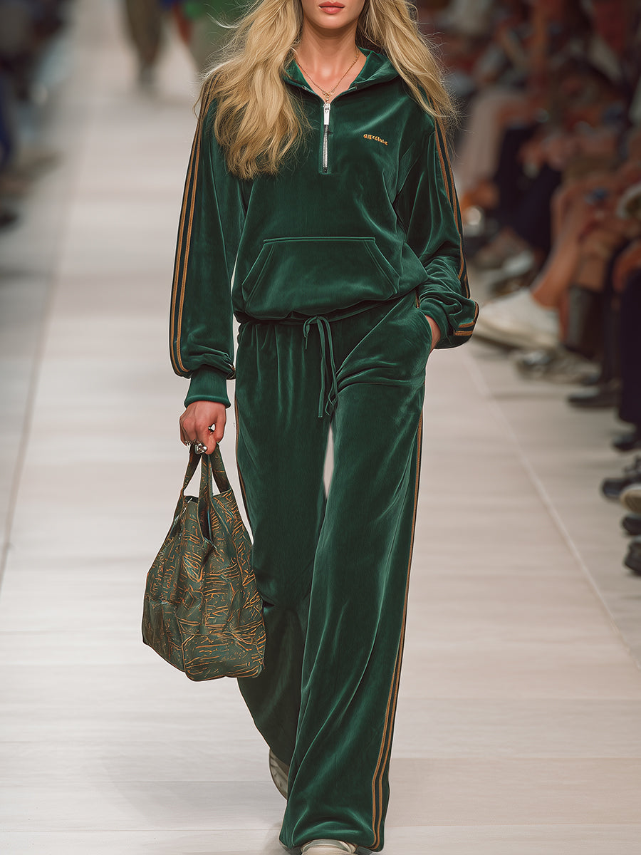 Casual Sports Green Velvet Sweatshirt And Pants Set
