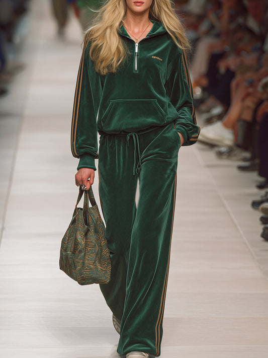 Casual Sports Green Velvet Sweatshirt And Pants Set