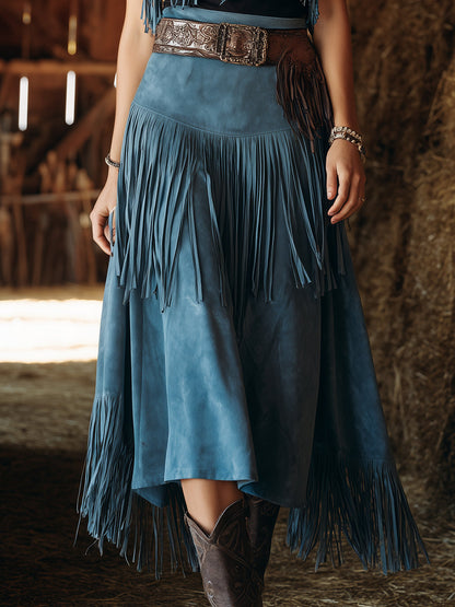 Western Blue Faux Suede Patchwork Fringe Midi Skirt