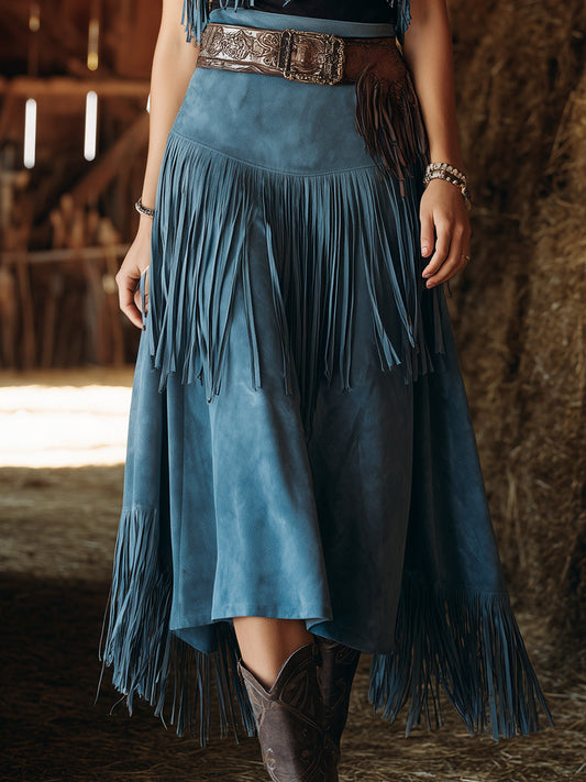 Western Blue Faux Suede Patchwork Fringe Midi Skirt