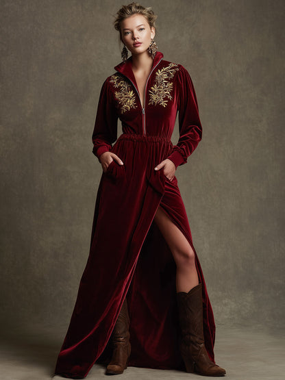 Trendy Retro Half-zip Long-sleeved Embroidered Deep Red Velvet Slit Maxi Dress