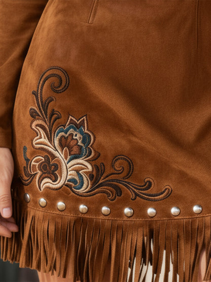 Western Brown Faux Suede Embroidered Studded Tassel Mini Dress