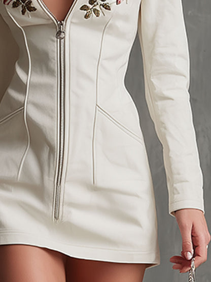 Western-style White Faux Suede Embroidered Lapel Zip-up Mini Dress