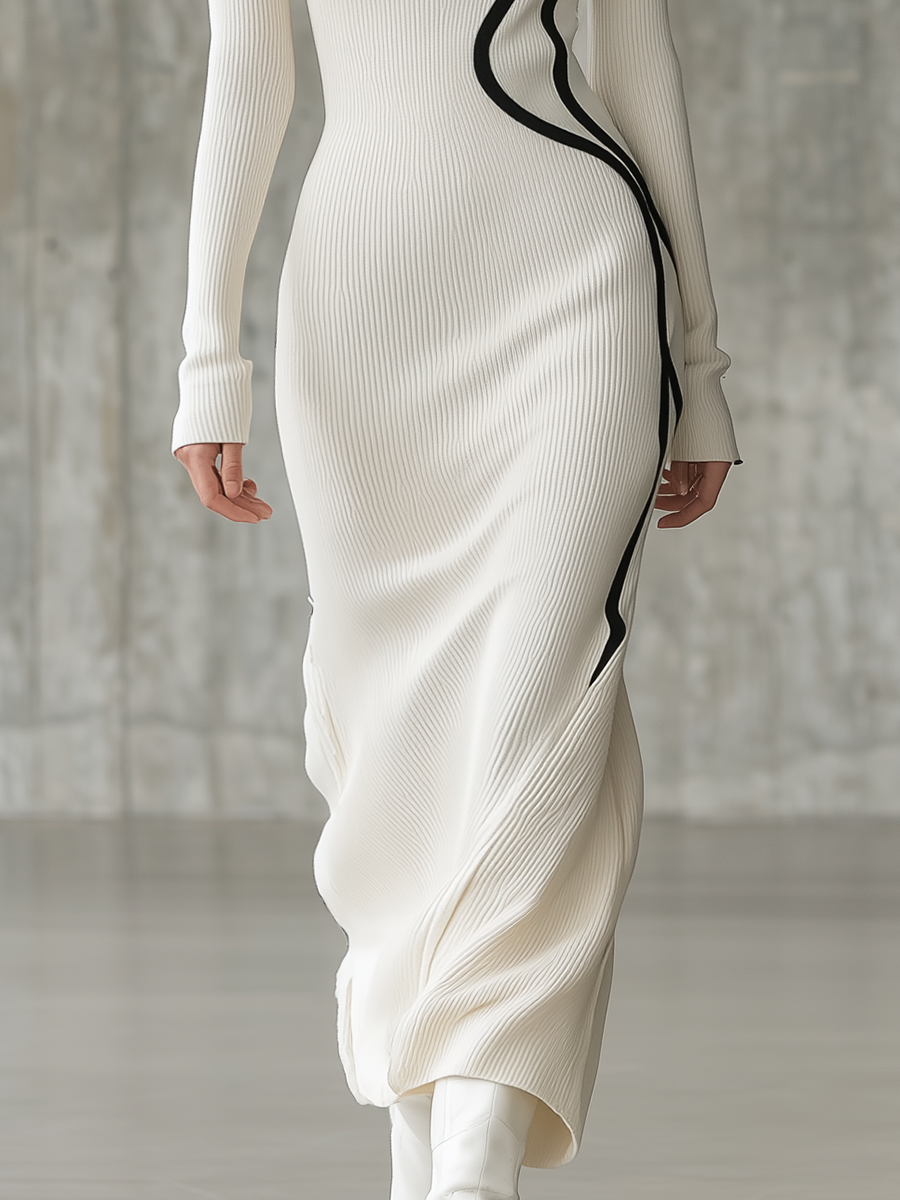 Simple High-neck Artistic-lined White Knit Maxi Dress
