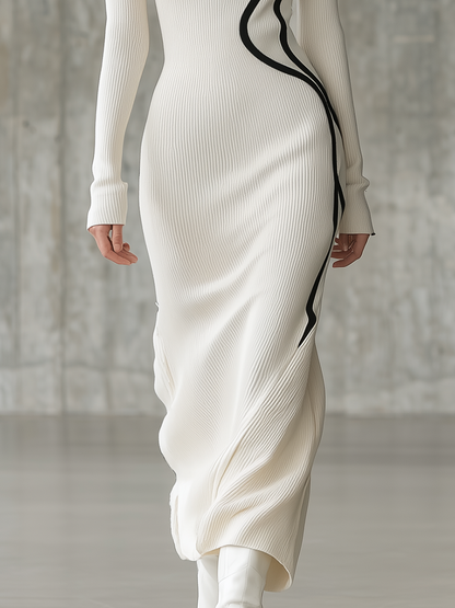 Simple High-neck Artistic-lined White Knit Maxi Dress