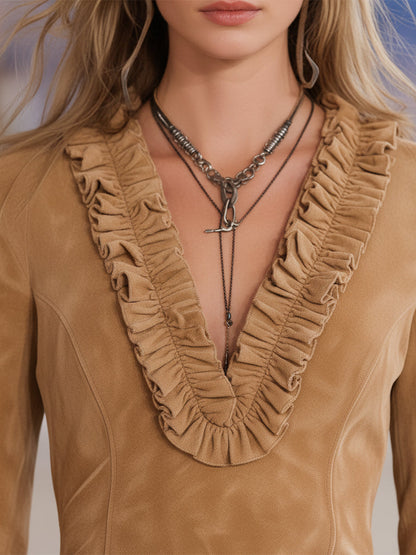 Western Brown Faux Suede V-neck Ruffled Cuffs And Fur-trimmed Midi Dress