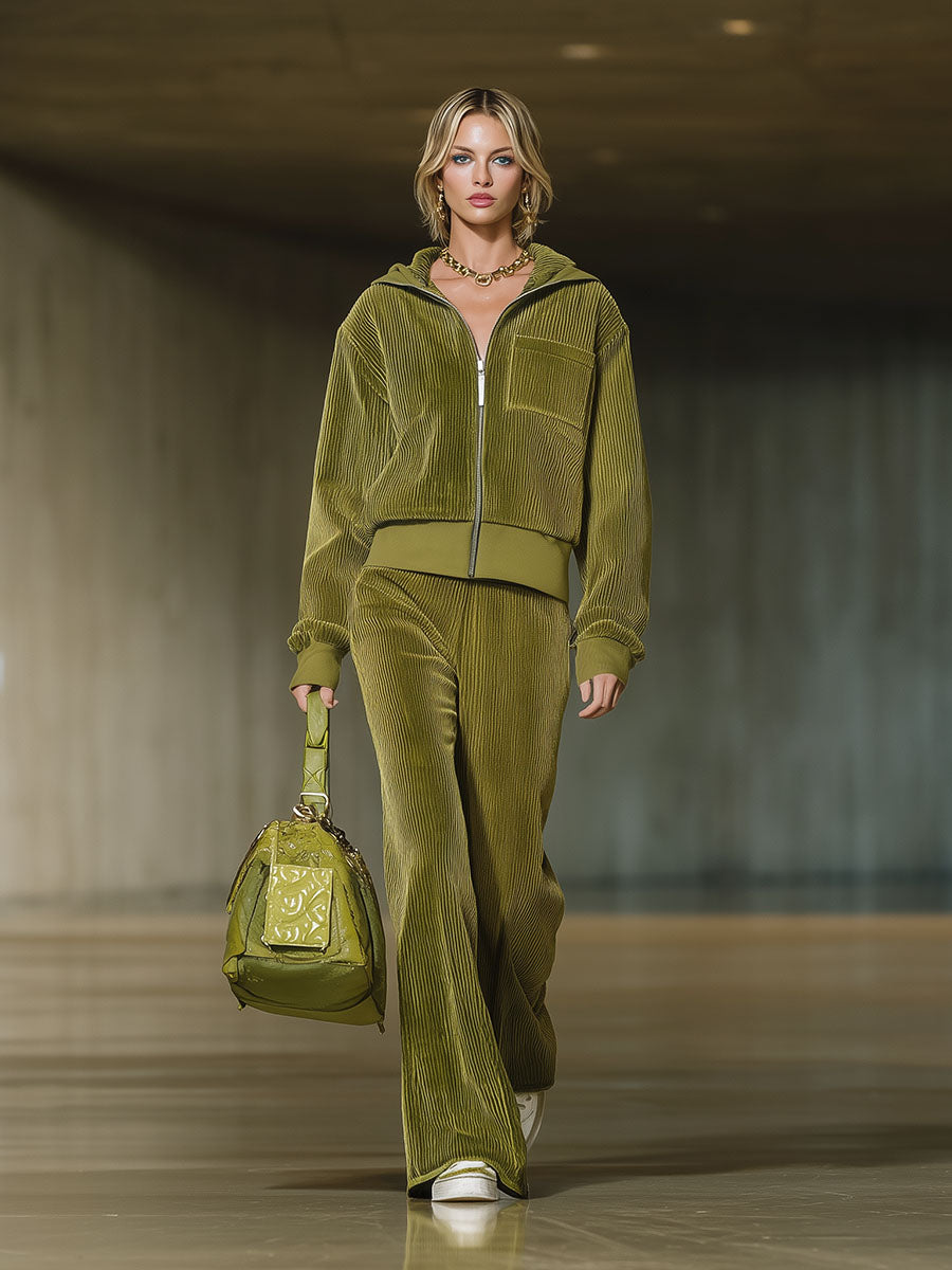 Stylish Olive Green Corduroy Zip-up Jacket And Long Suit