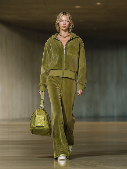 Stylish Olive Green Corduroy Zip-up Jacket And Long Suit