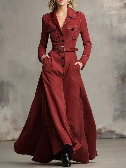 Western-style Lapel Multi-pocket Single-breasted Faux Suede Maxi Dress