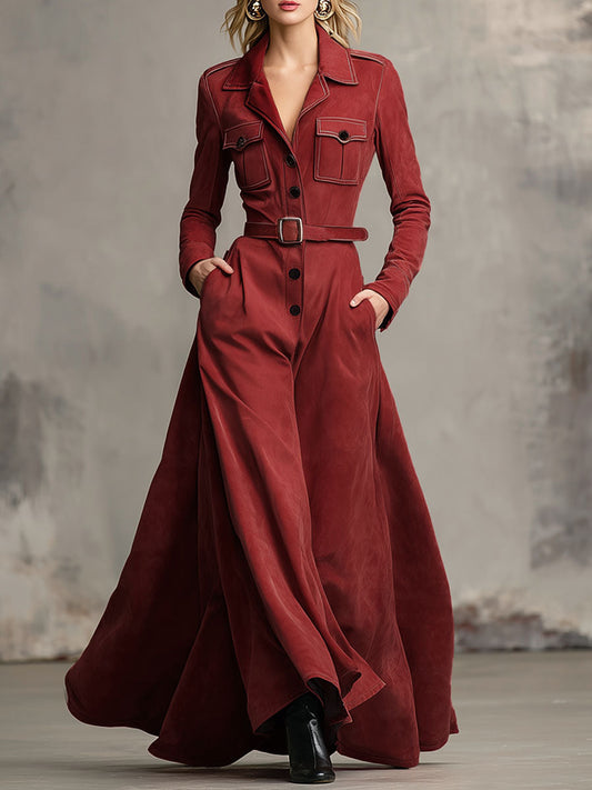 Western-style Lapel Multi-pocket Single-breasted Faux Suede Maxi Dress