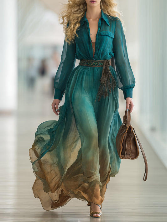 Romantic Bohemian Gradient Chiffon Maxi Dress