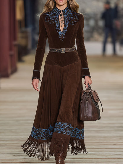 Western-style Faux Suede Patchwork Embroidered Patchwork Tassel Maxi Dress