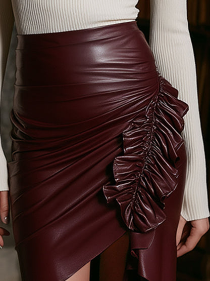 Trendy Retro Ruffled Burgundy PU Irregular Half Skirt