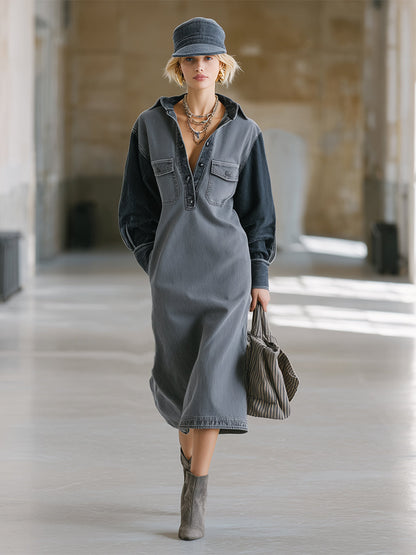 Stylish And Casual Gray Collared Half-button Midi Dress