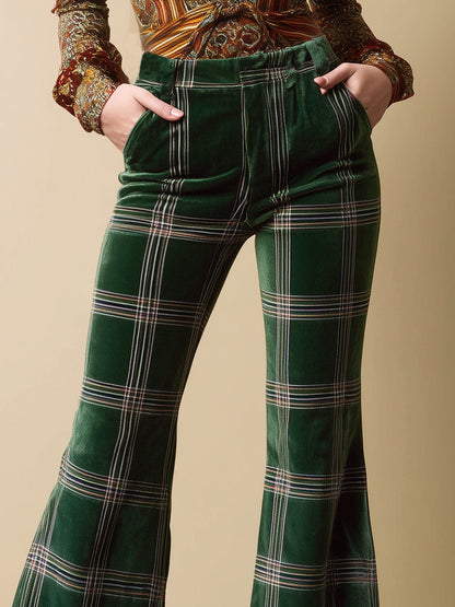 Vintage Emerald Plaid Print Velvet Flared Pants